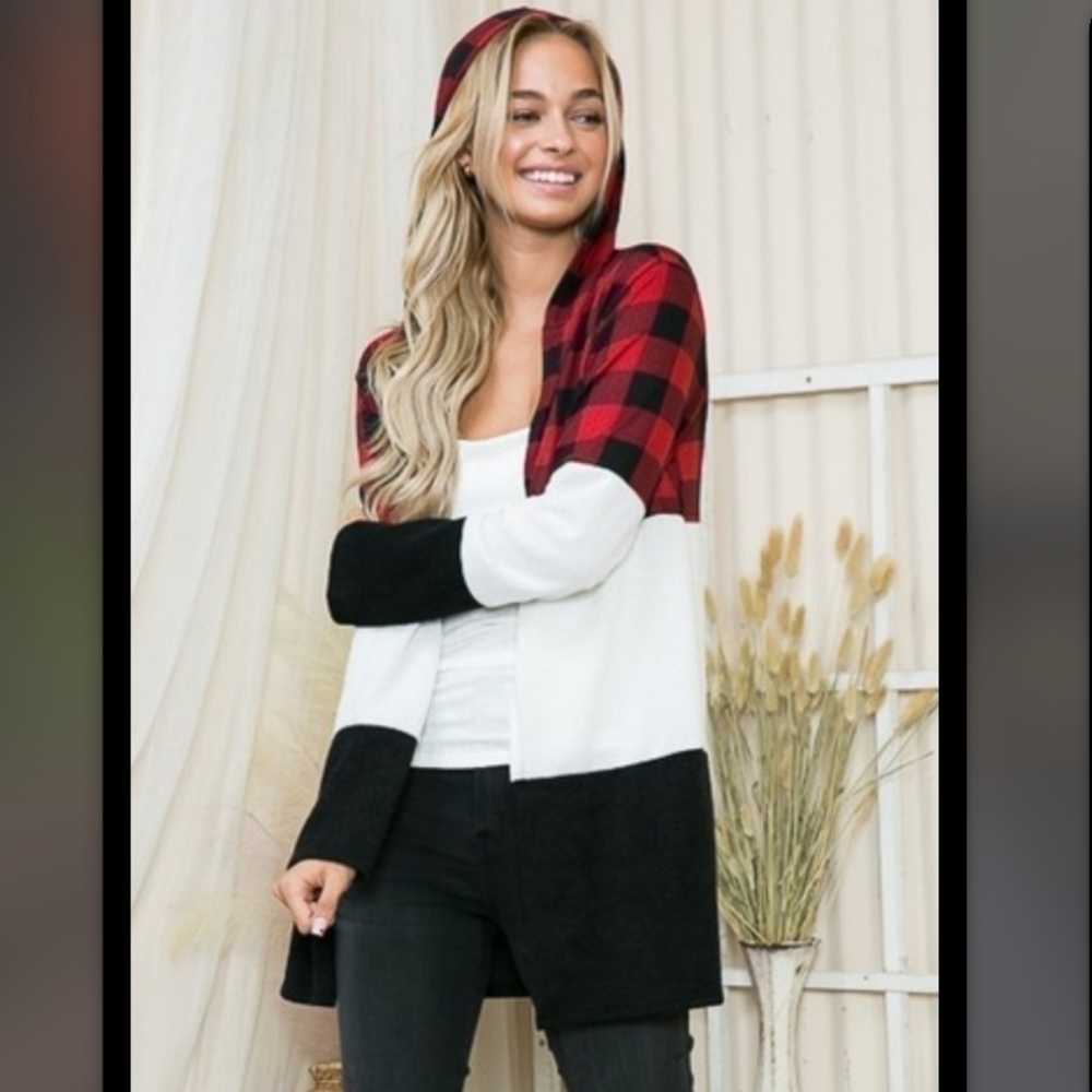 Buffalo Plaid Color Block Long Sweater Cardigan